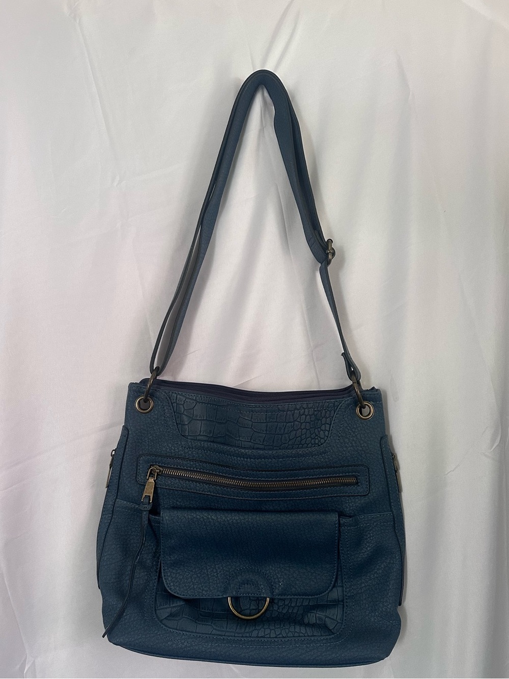 Bueno Navy Croc-Texture Shoulder Bag